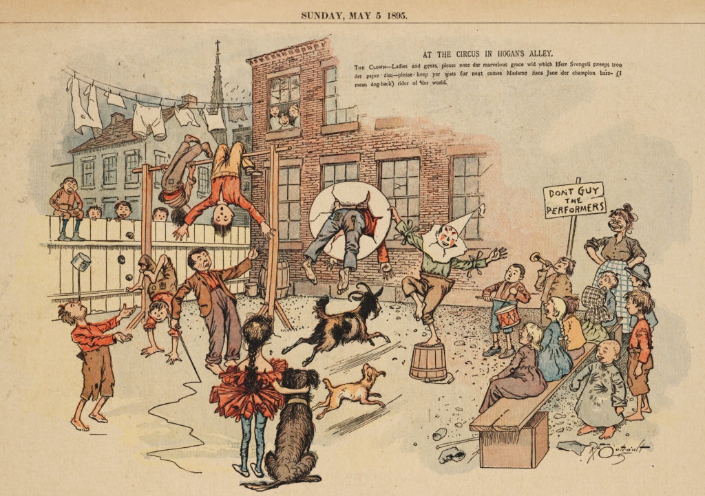 Yellow journalism, in name derived, from a popular cartoon strip about life in New York’s poverty stricken neighborhoods, called Hogan’s Alley, drawn by Richard F. Outcault. 